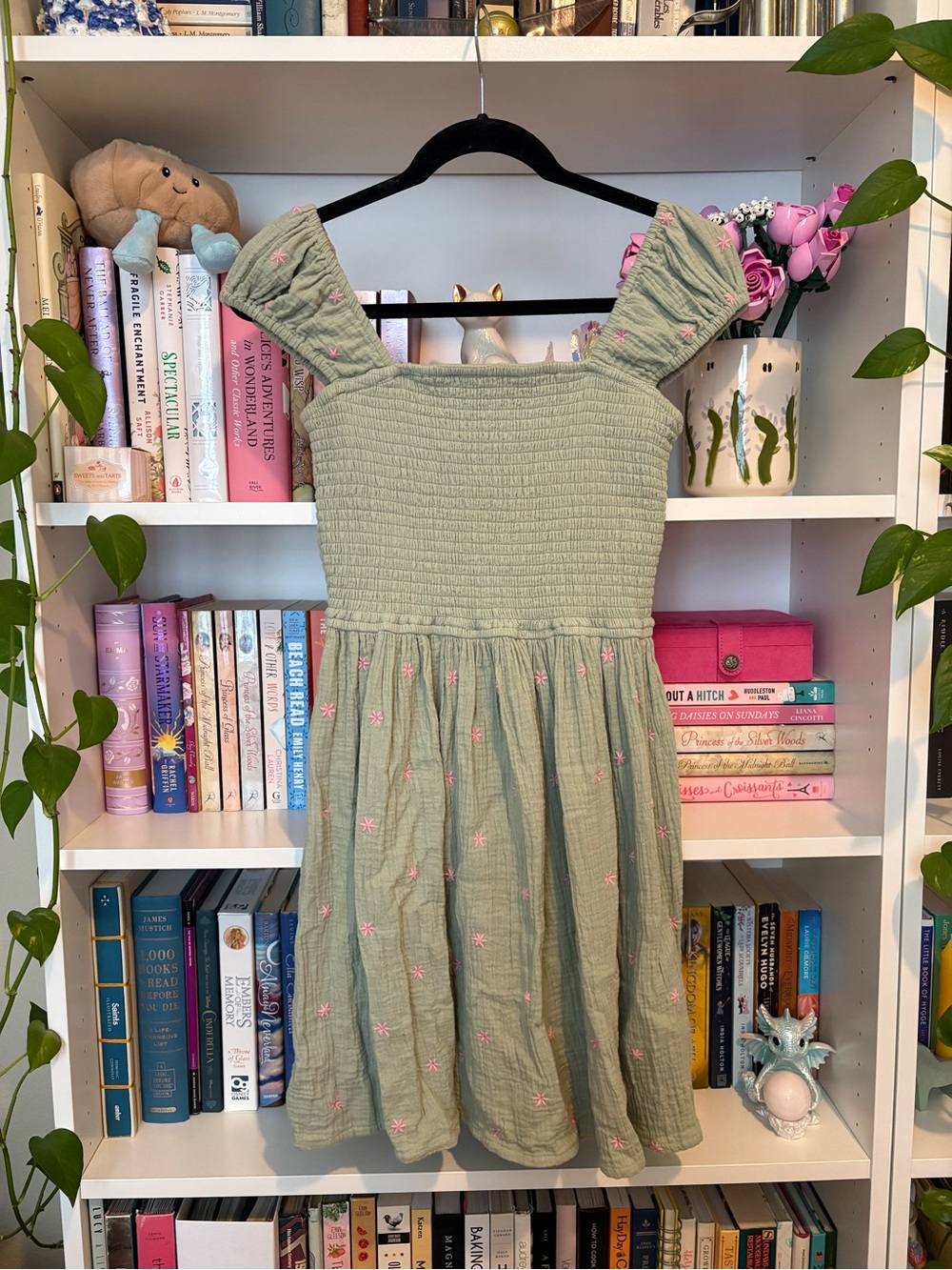Junior’s Sage Green Smocked Dress with Pink Embroidery